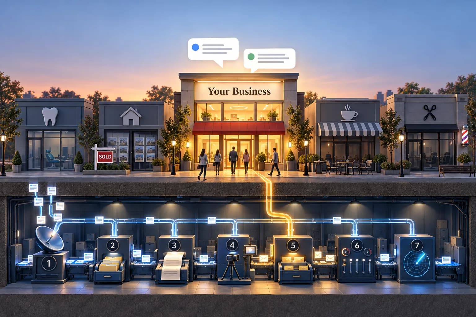 A main street at dusk: a dental clinic, a realtor, a café and a barber, all dark, around one lit building signed Your Business. Underneath the street, an engine room of seven numbered machines sends answers up a glowing pipe into it.