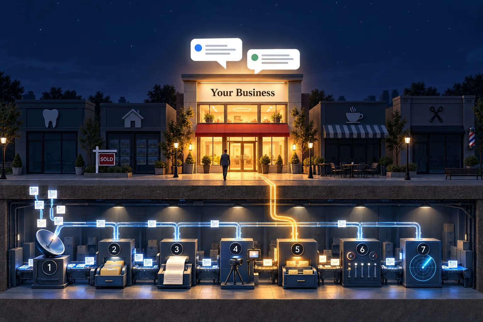 The same street at night: every shop dark except Your Business, the engine underneath still running.