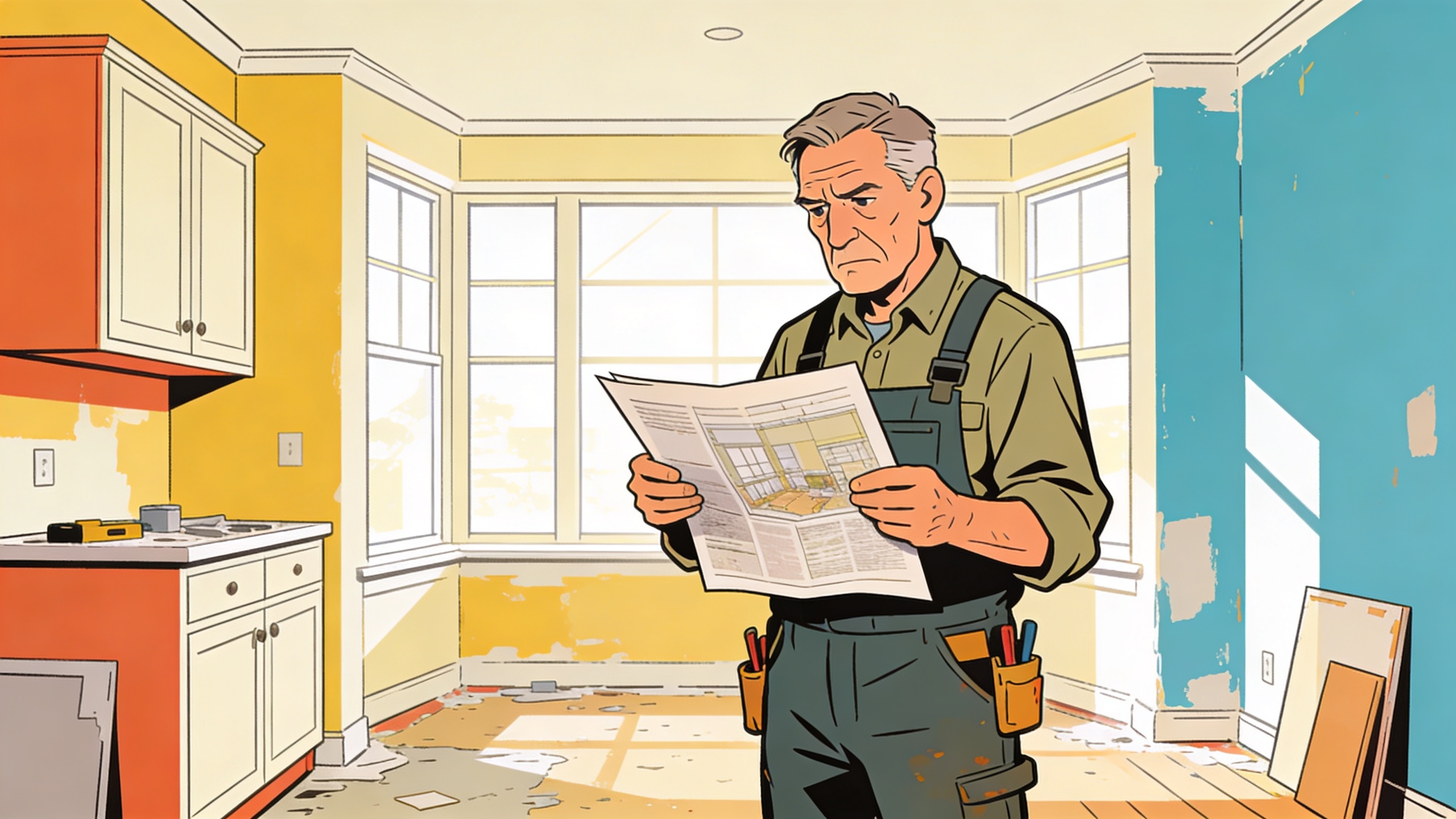 Experienced tradesperson in work clothes reviewing project documents inside a beautifully finished renovation space with natural light