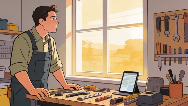 A service business owner standing at a workbench with project materials, looking out a window in natural afternoon light, no devices visible.