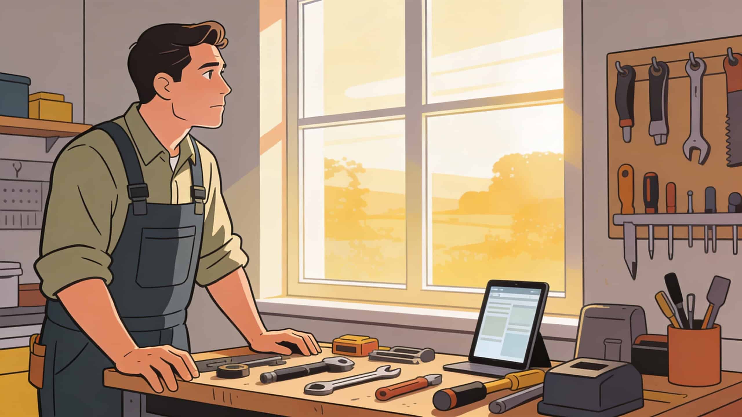 A service business owner standing at a workbench with project materials, looking out a window in natural afternoon light, no devices visible.