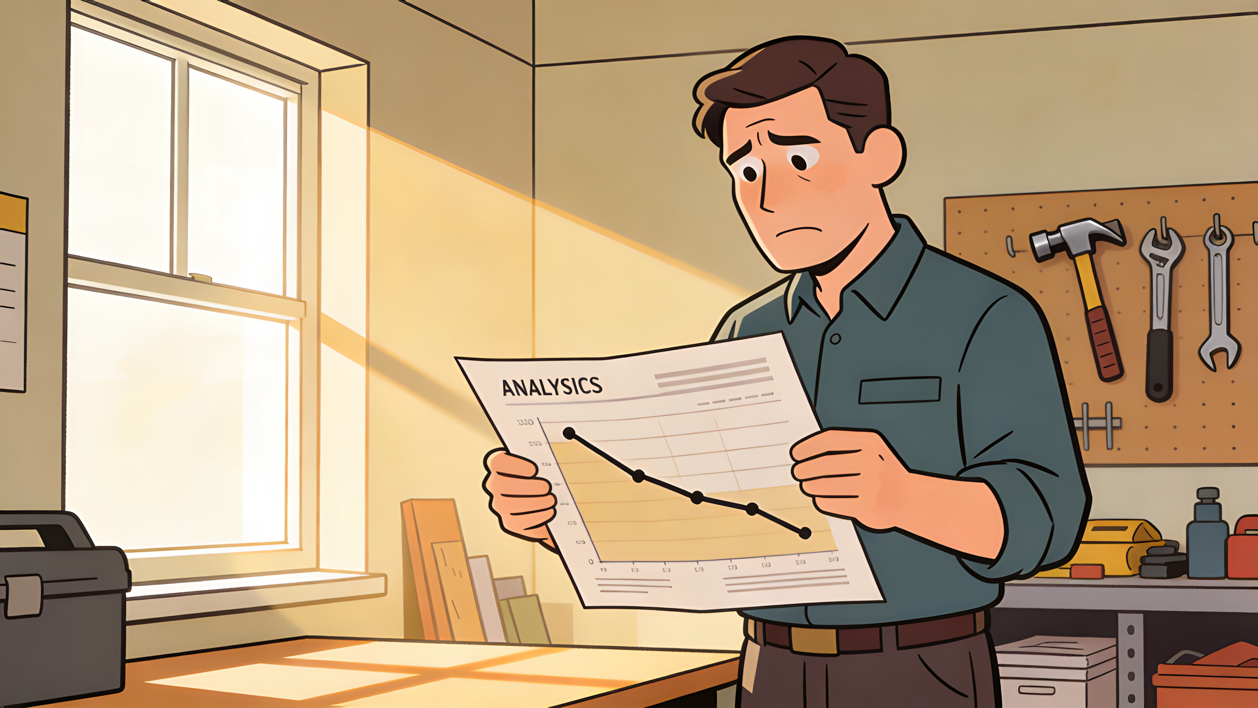 Business owner reviewing a printed analytics report with a sharp downward trend at a desk in a trade service office with natural window light