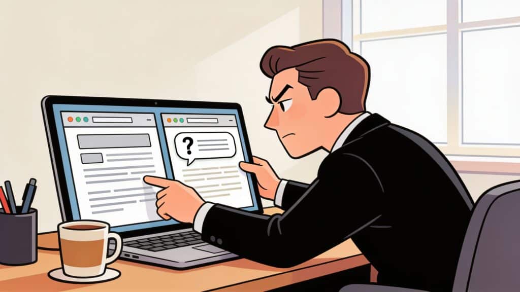 Business owner at a desk comparing two web page layouts on a laptop, one with label headings and one with question-formatted headings.