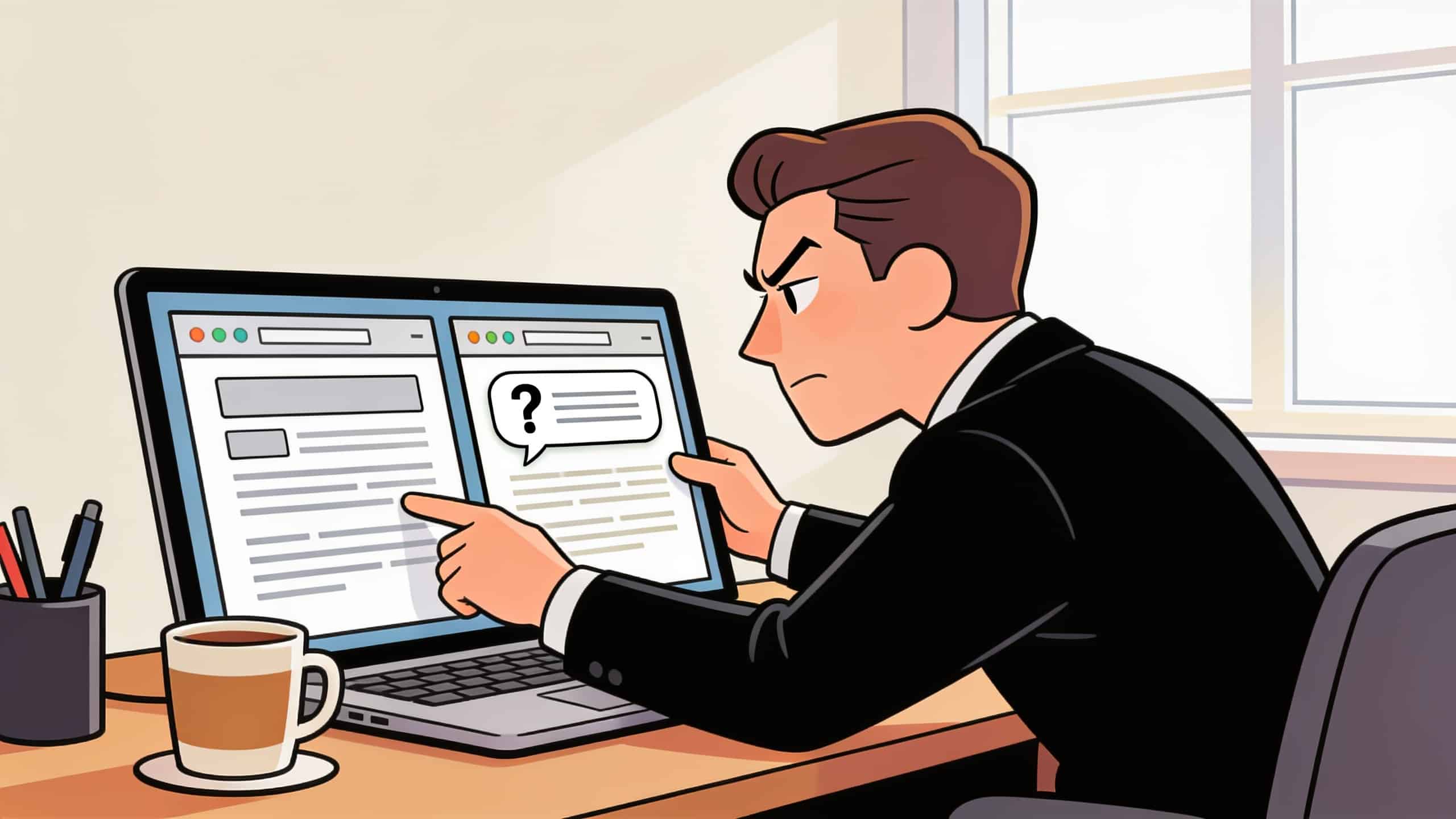 Business owner at a desk comparing two web page layouts on a laptop, one with label headings and one with question-formatted headings.