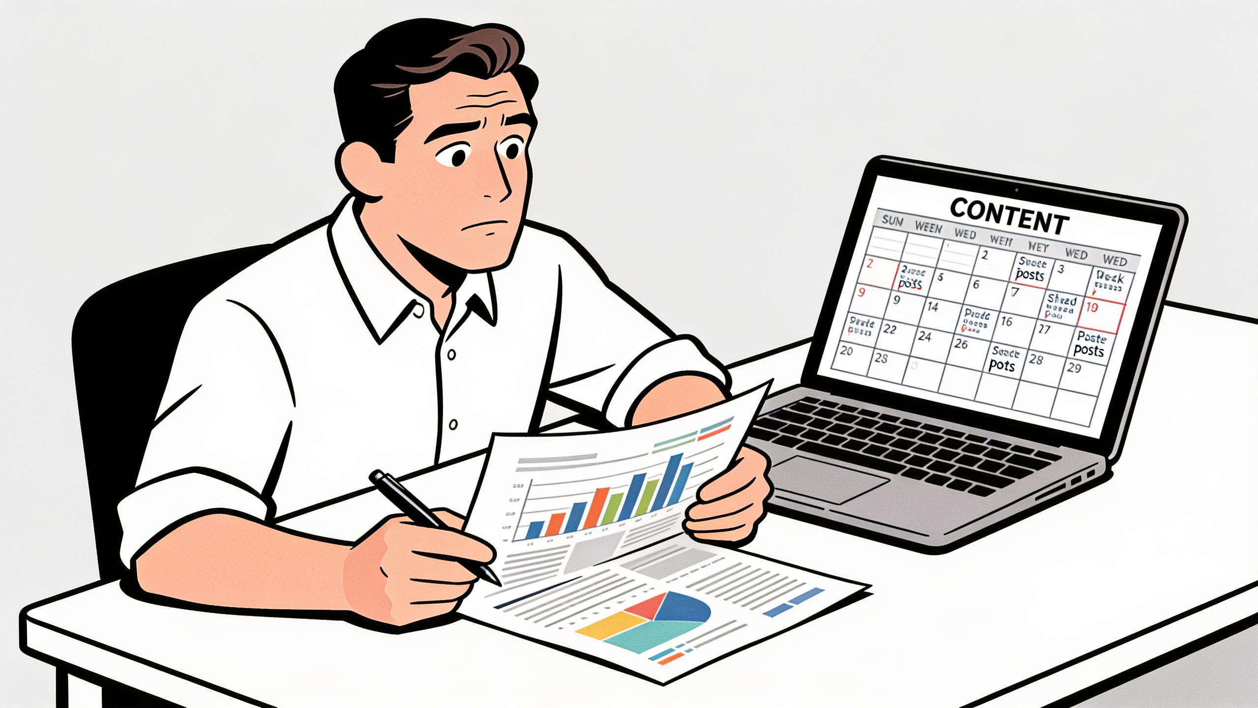 Business owner in a collared shirt reviews a printed analytics report at a desk with a laptop showing a pre-scheduled content calendar beside them