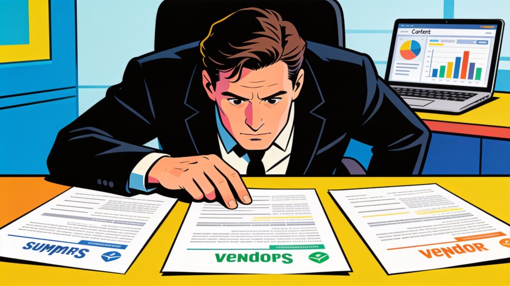 Business owner at a desk comparing three vendor summary documents side by side, with a content analytics dashboard visible on a laptop behind them.