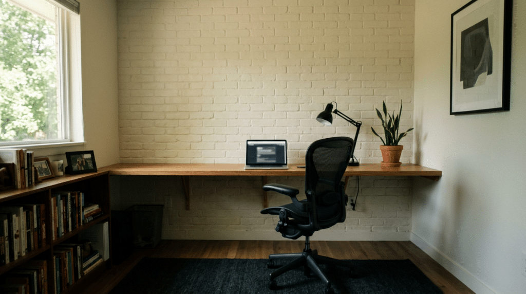 Business owner at a laptop in a home office, arms crossed, evaluating search results that show his expertise is invisible to buyers online.