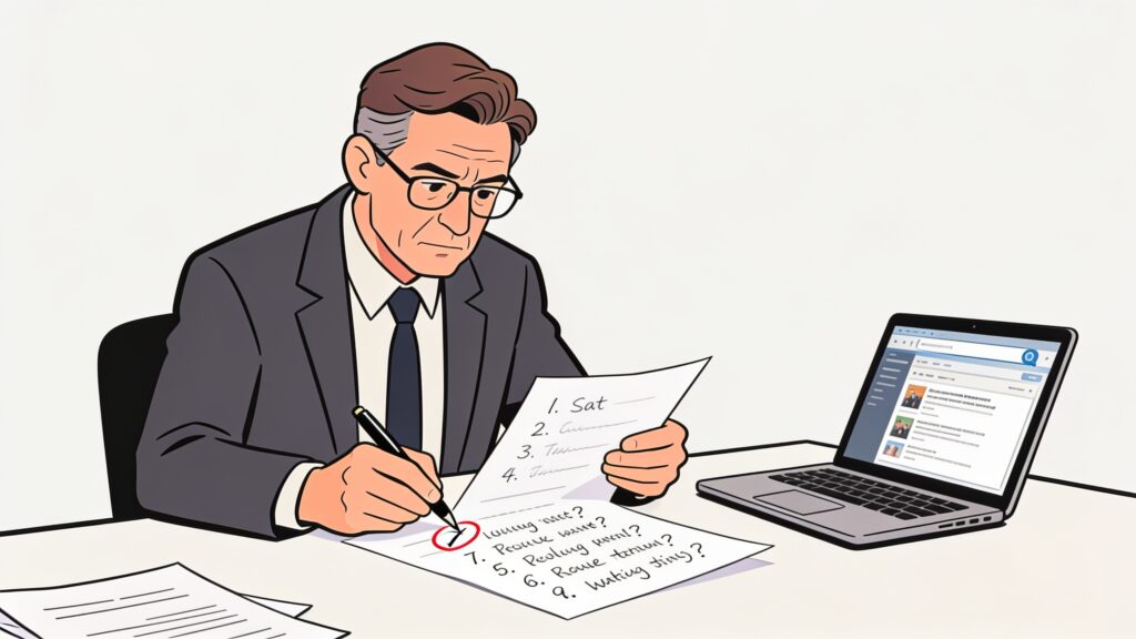 Professional in their 40s at a desk reviewing a handwritten list of questions, pen in hand, with a laptop open showing search results beside them.