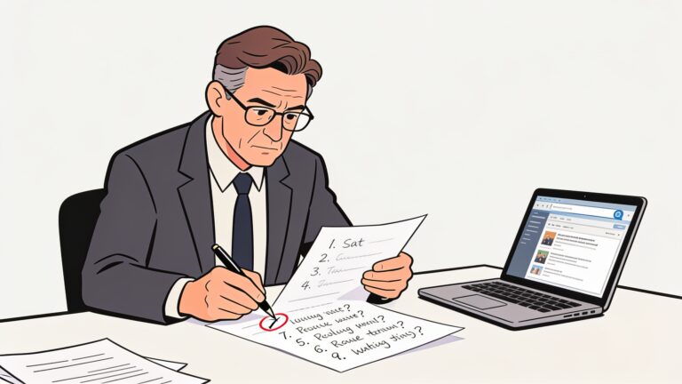 Professional in their 40s at a desk reviewing a handwritten list of questions, pen in hand, with a laptop open showing search results beside them.