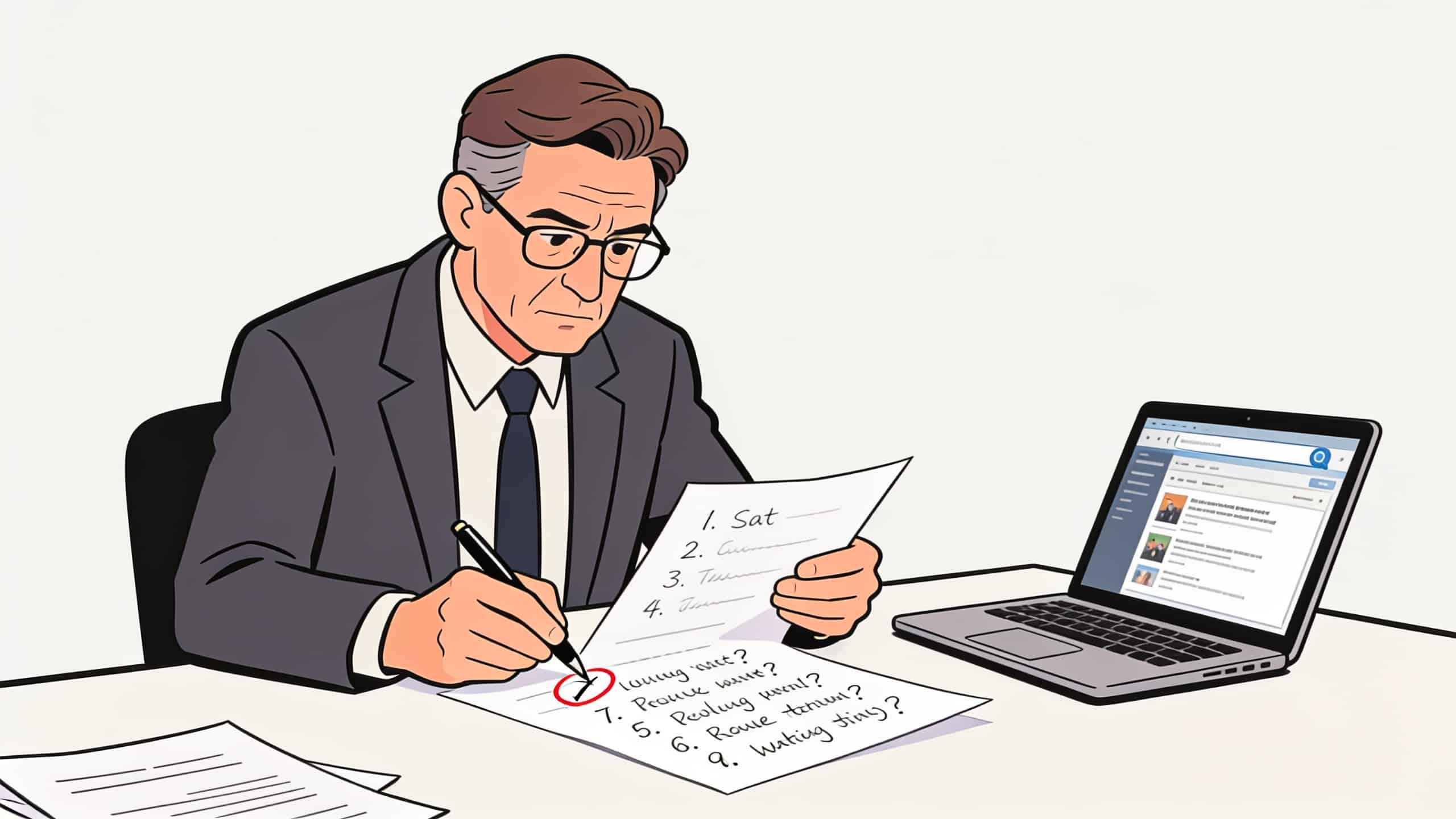 Professional in their 40s at a desk reviewing a handwritten list of questions, pen in hand, with a laptop open showing search results beside them.