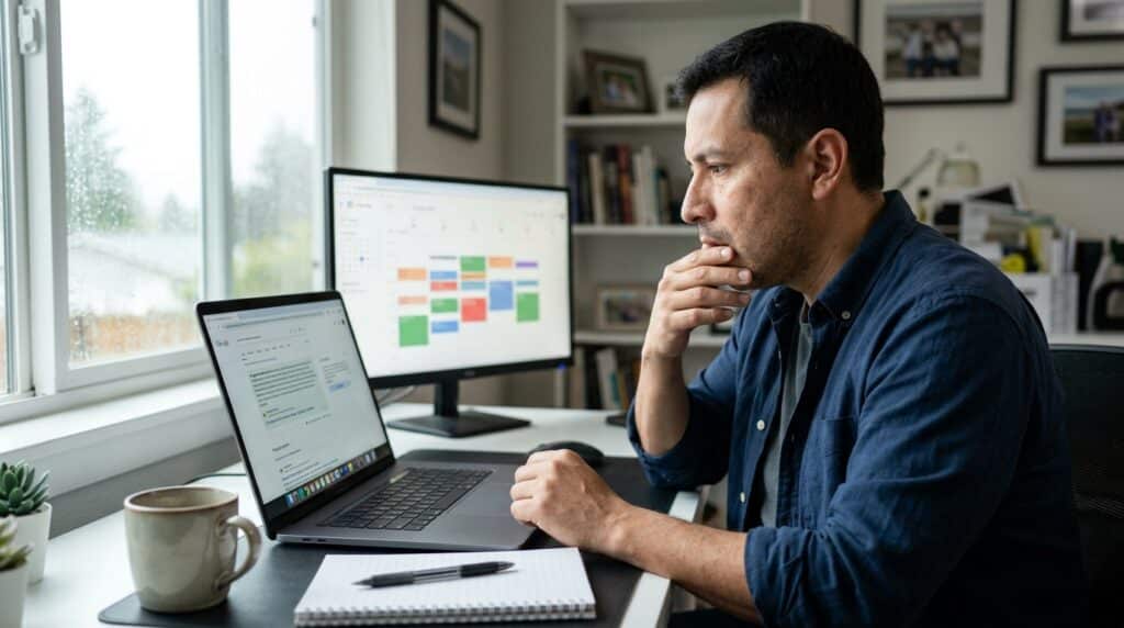Consultant at home office desk reviewing a laptop screen showing their business in an AI search answer panel with a content calendar on a second monitor