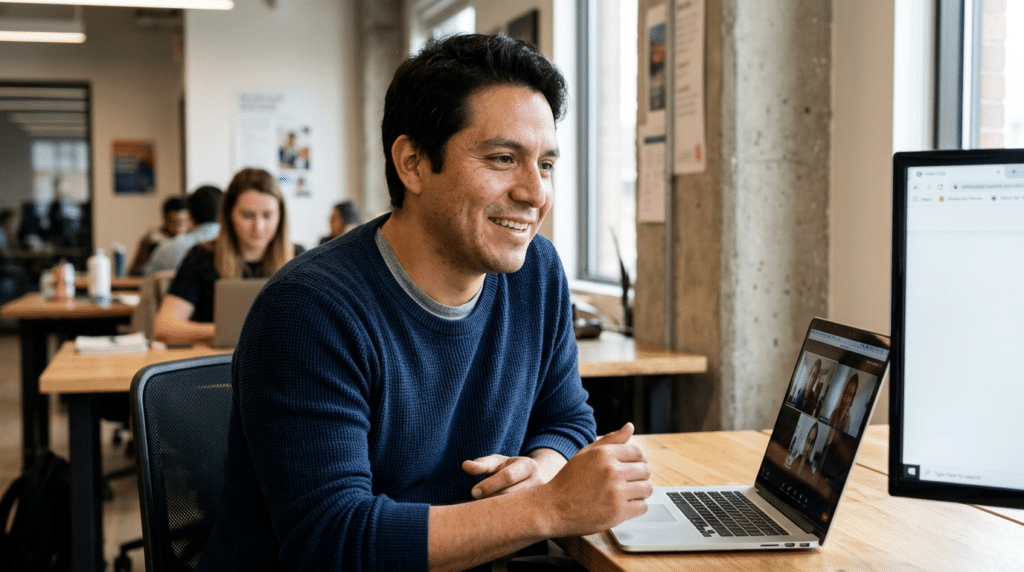 Business owner on a video call at a co-working space laptop, second monitor showing unreadable content, focused and relaxed expression