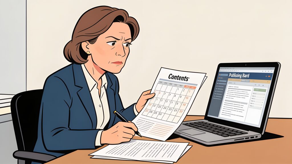 Professional in their mid-40s reviewing a content calendar at a desk with a laptop showing a publishing dashboard beside them