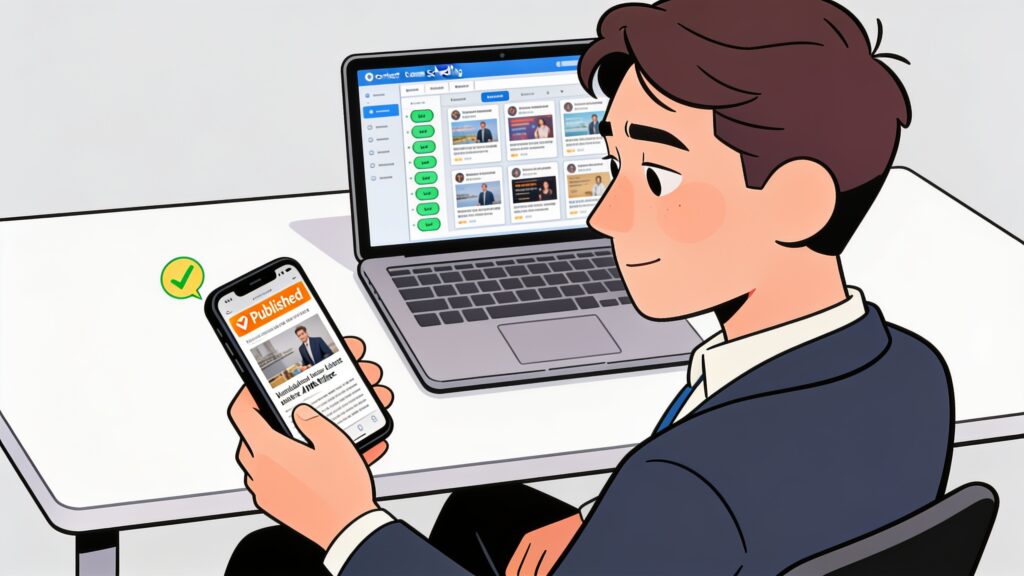 Professional at a desk checking a phone notification of a published article while a content scheduling dashboard runs on a laptop behind them.