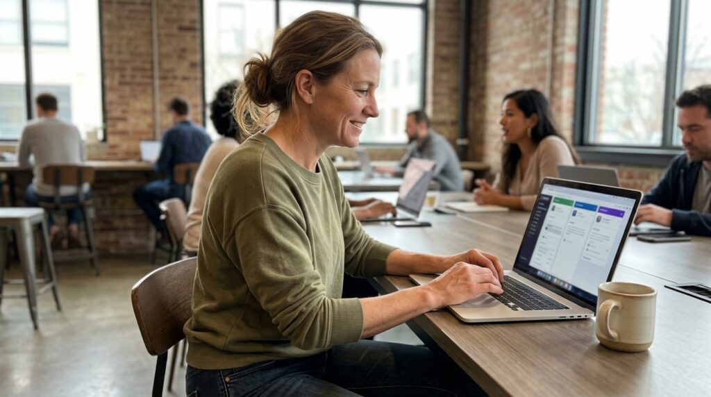 Business owner in a co-working space reviewing three content publishing dashboards on a laptop, looking focused and relieved