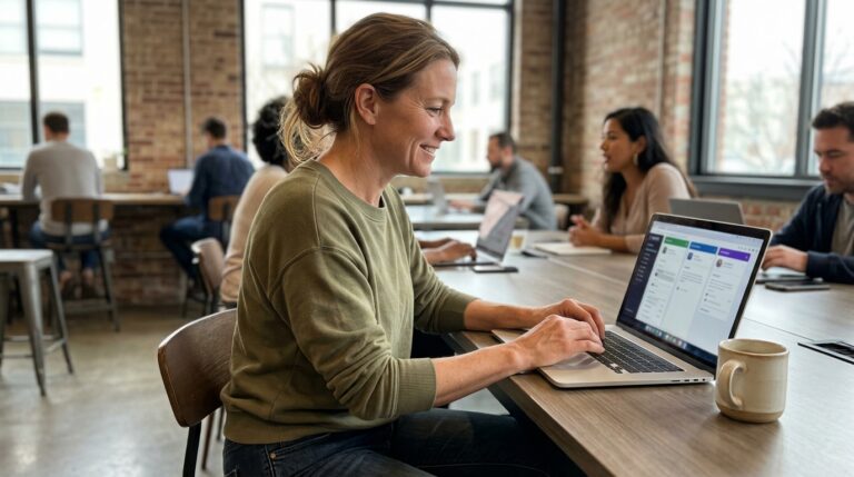 Business owner in a co-working space reviewing three content publishing dashboards on a laptop, looking focused and relieved