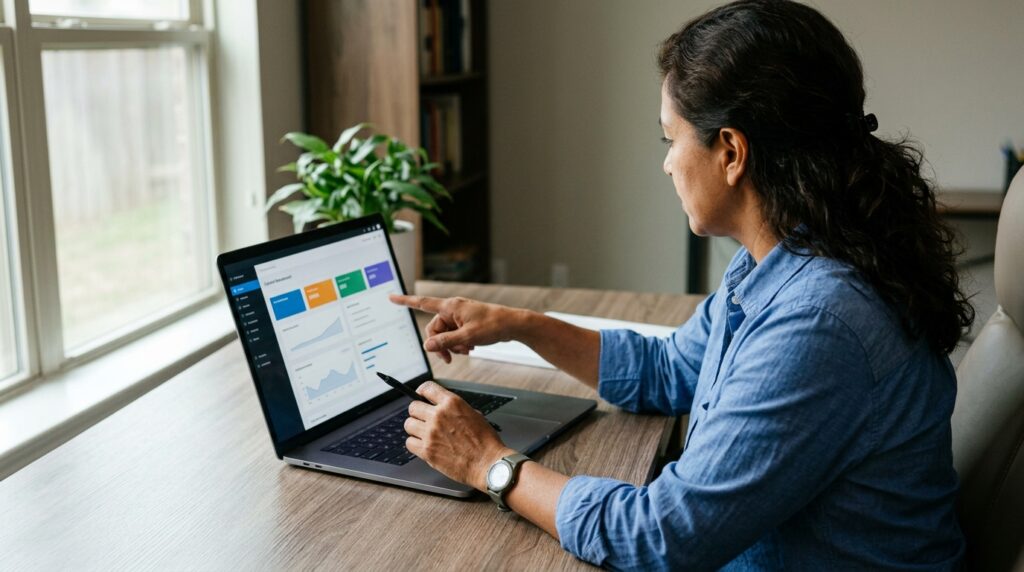 Business owner at a home office desk pointing at a laptop screen mid-decision, redirecting a running content system.