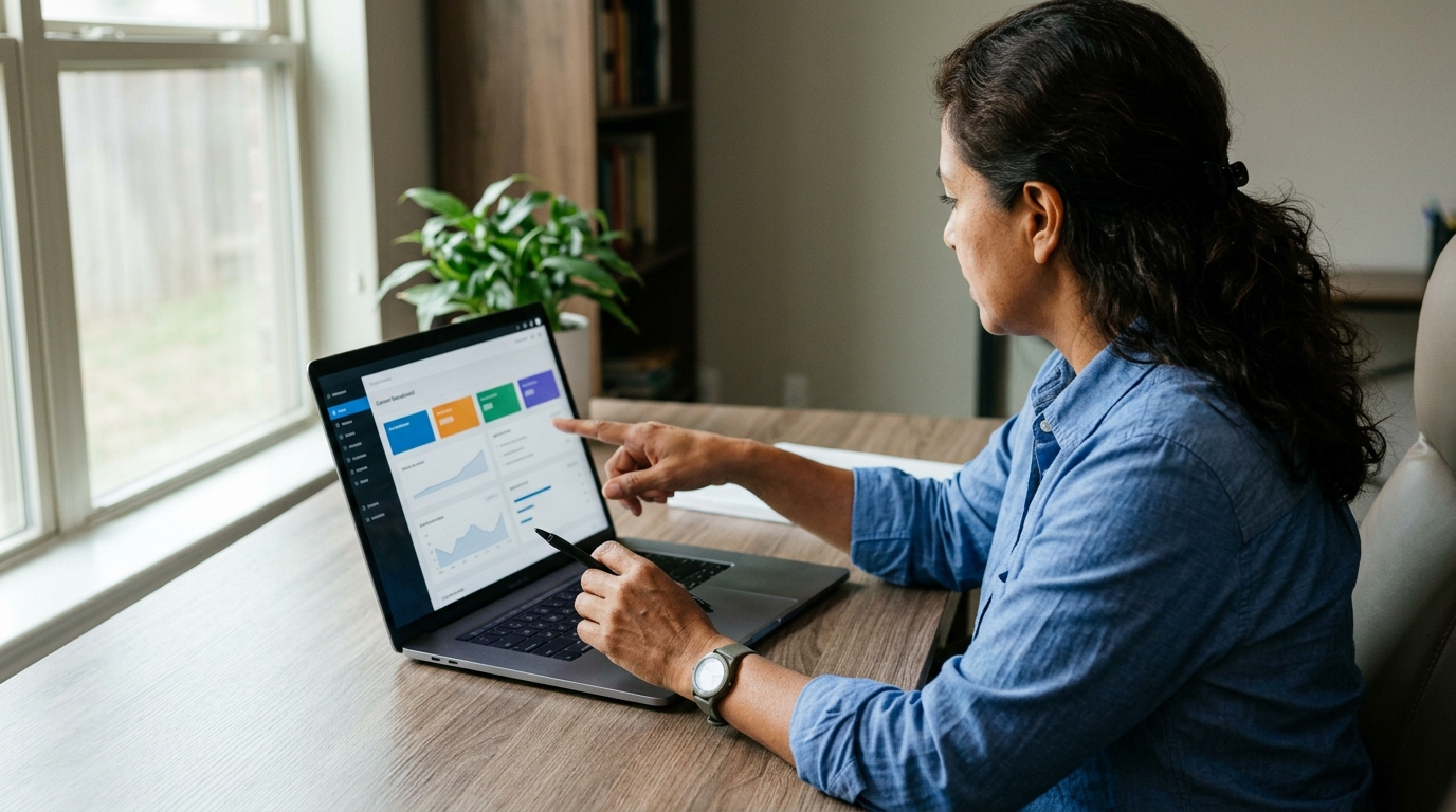 Business owner at a home office desk pointing at a laptop screen mid-decision, redirecting a running content system.