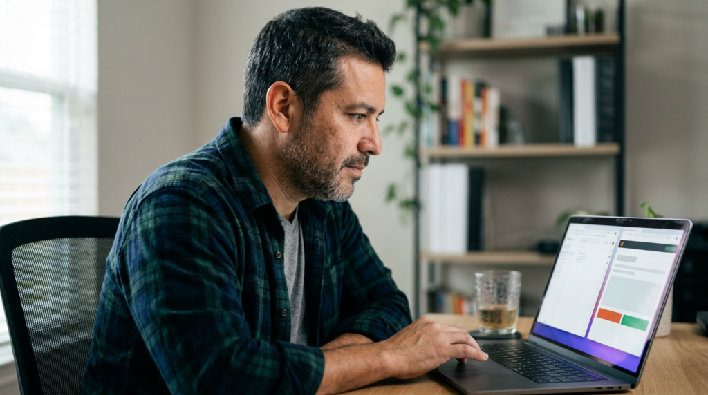 Business owner at a home office desk comparing a freelancer email thread and a live content publishing dashboard on a laptop screen.