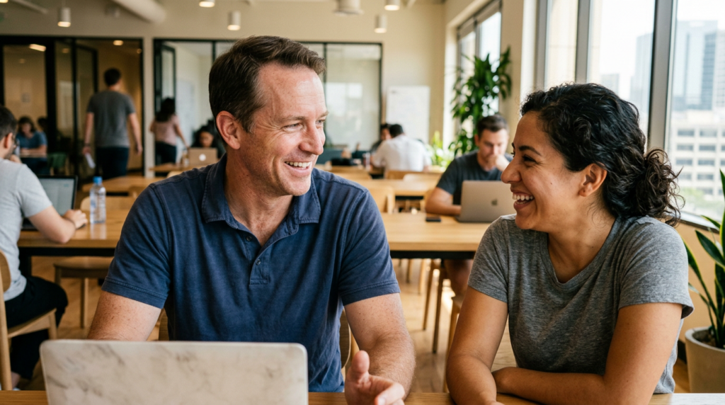 Business owner at a laptop in a co-working space reading an AI search result that recommended a local service provider