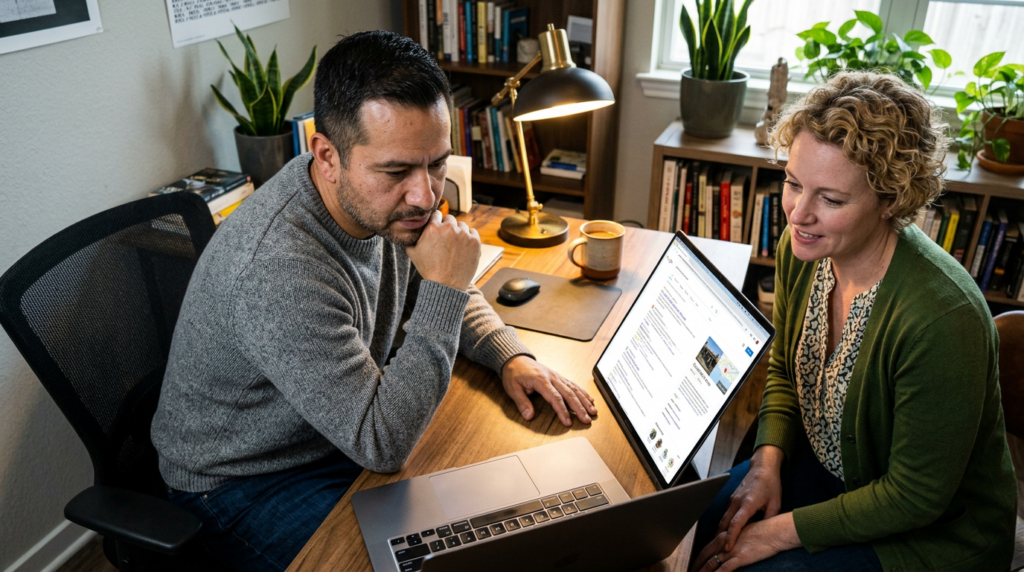 Business owner at laptop in home office reacting to Google search results showing only their business name in results