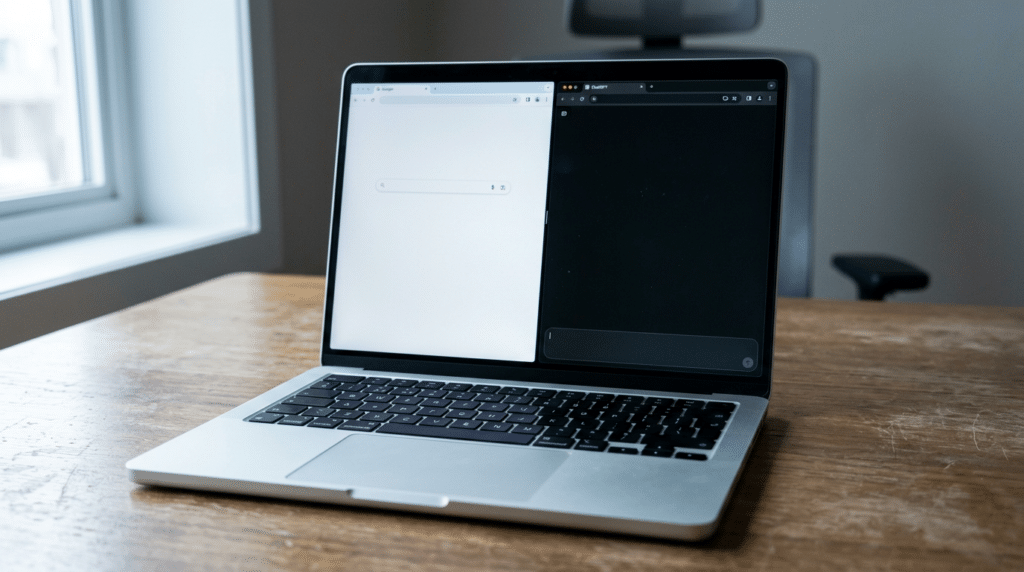 Business owner at a laptop comparing a business name Google search and an AI chatbot question side by side in a home office.