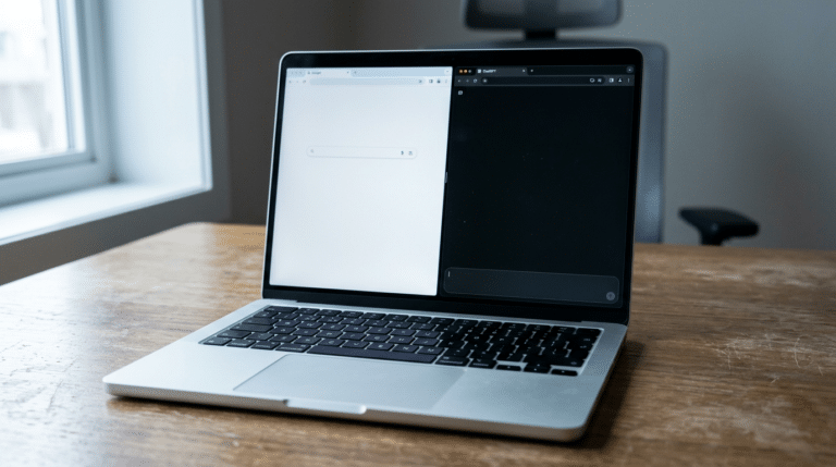 Business owner at a laptop comparing a business name Google search and an AI chatbot question side by side in a home office.
