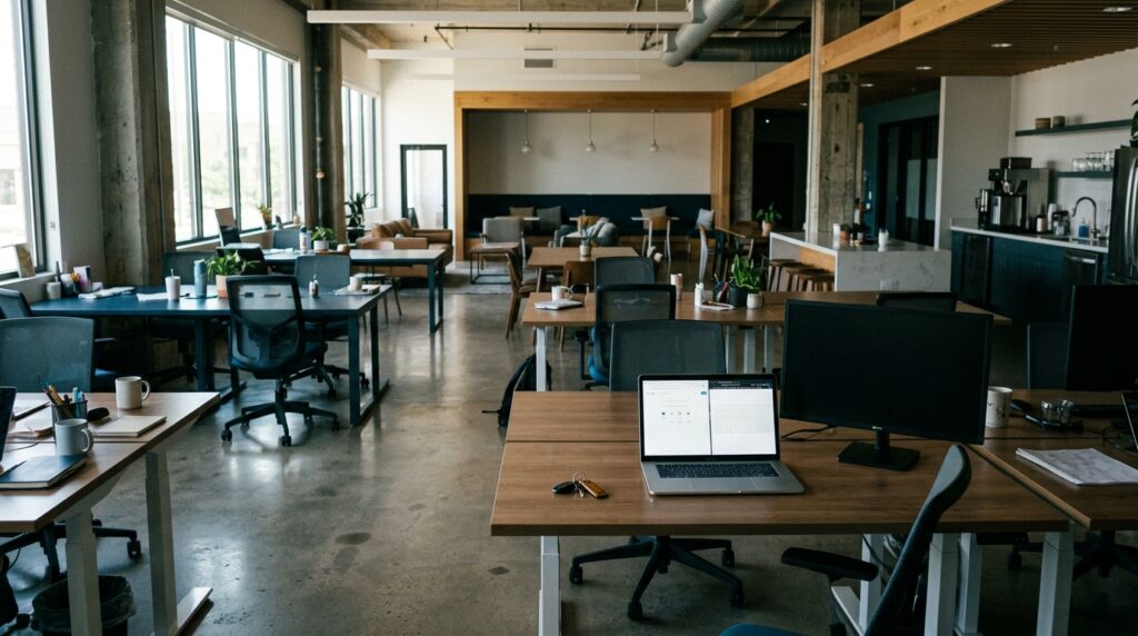 Business owner at a laptop in a home office comparing search results to a content spreadsheet, focused expression, natural daylight