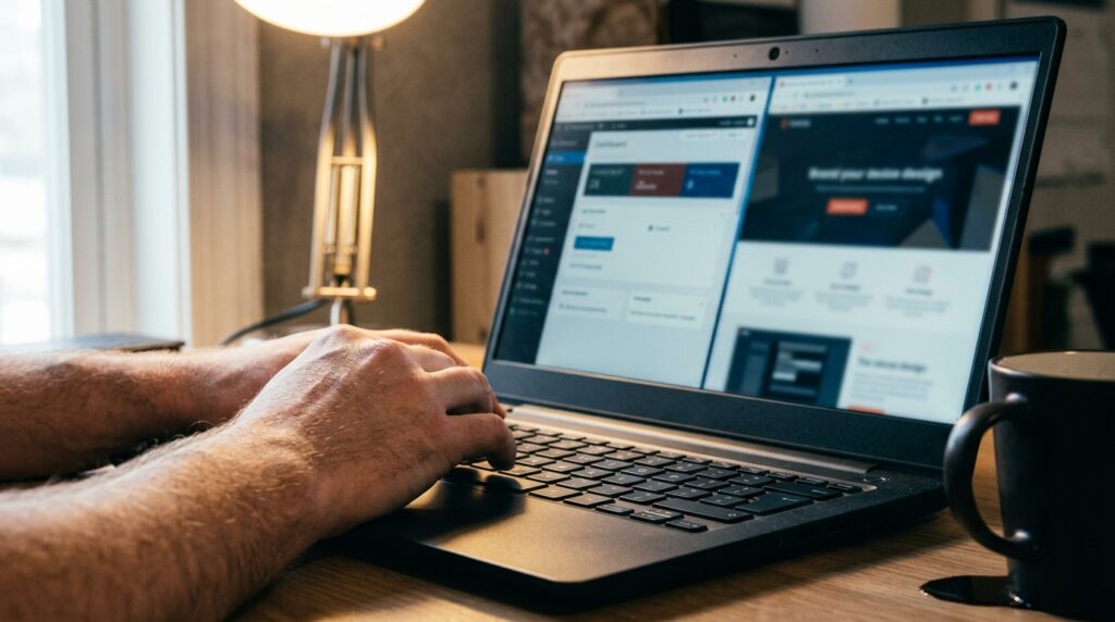 Business owner in home office comparing WordPress dashboard and website builder side by side on a laptop screen