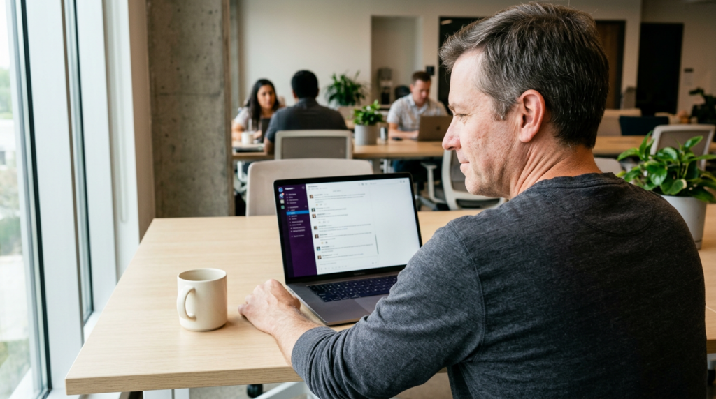 Business owner at a laptop in a Dallas co-working space reacting to seeing his business cited in an AI chat response