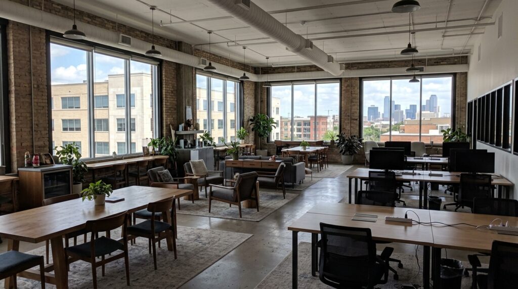 Business owner leaning toward laptop screen showing an AI chat interface response in a modern Dallas co-working space with natural light