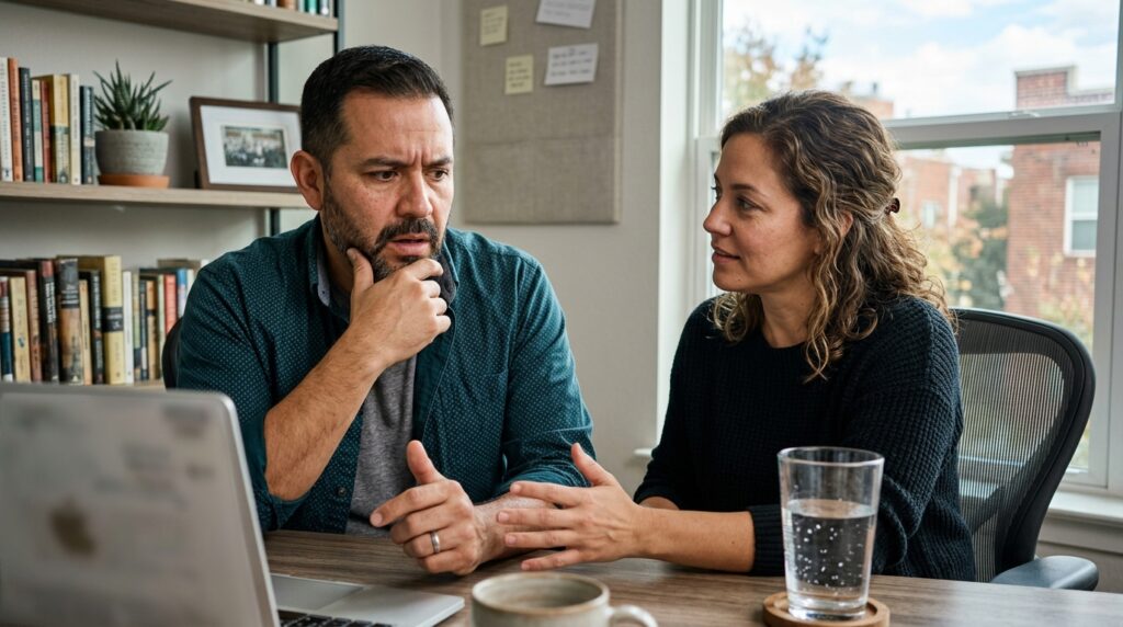 Business owner in a home office leaning toward a laptop showing a flat Google Search Console impressions graph with a focused expression