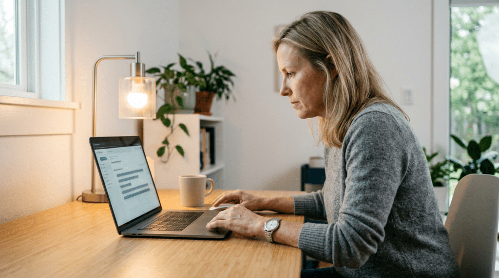 Business owner at a home office desk reviewing a scheduled email broadcast queue on a laptop screen, focused and calm.