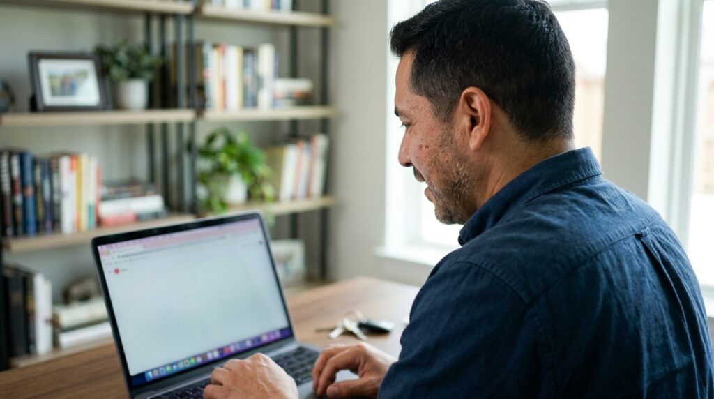 Business owner in home office leaning toward laptop screen reacting to AI search results showing their business is absent