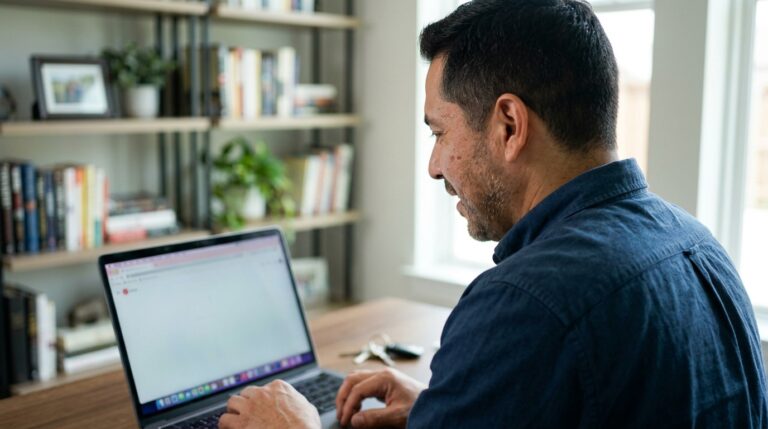 Business owner in home office leaning toward laptop screen reacting to AI search results showing their business is absent