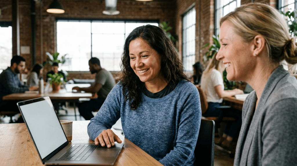 Business owner in a Dallas co-working space leaning toward a laptop showing an AI search result featuring their business as a recommended answer