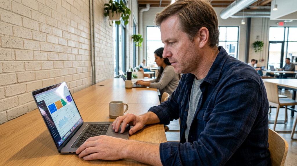 Business owner at a laptop in a Dallas co-working space watching a content publishing dashboard populate across multiple channels