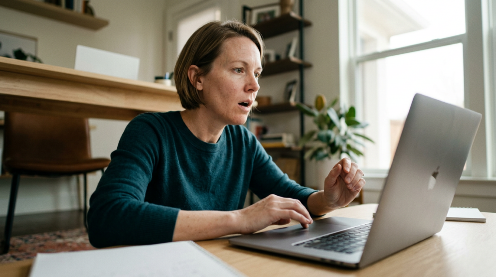 Business owner reacting with surprise at a laptop screen in a minimal home office with natural daylight, noticing content has published automatically