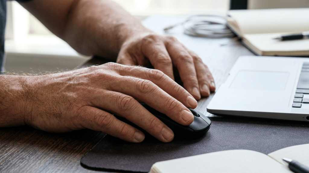 Business owner leaning toward laptop in home office watching Google Search Console results update on screen