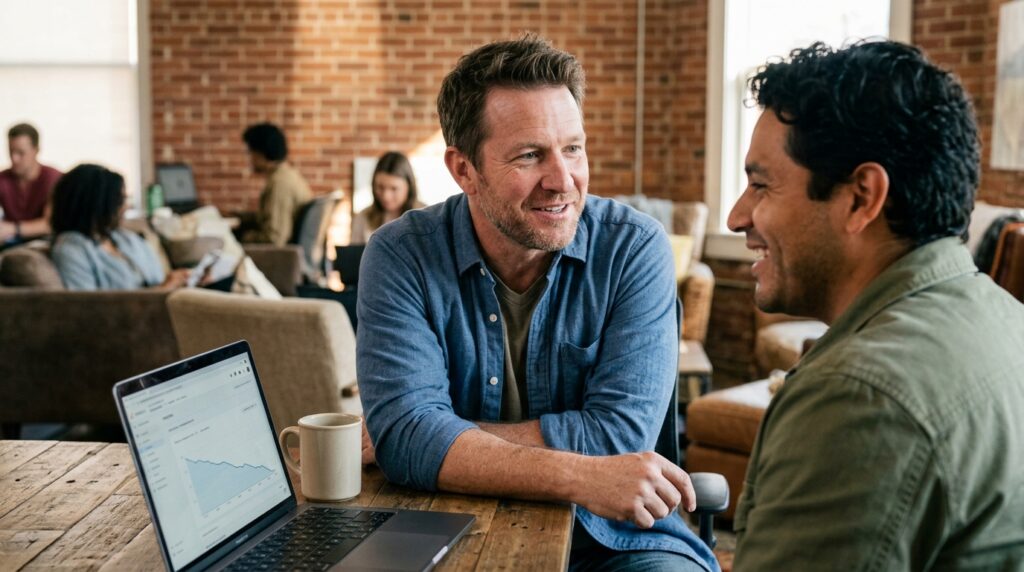Business owner at a co-working space desk reviewing a content analytics dashboard on a laptop, looking focused and skeptical