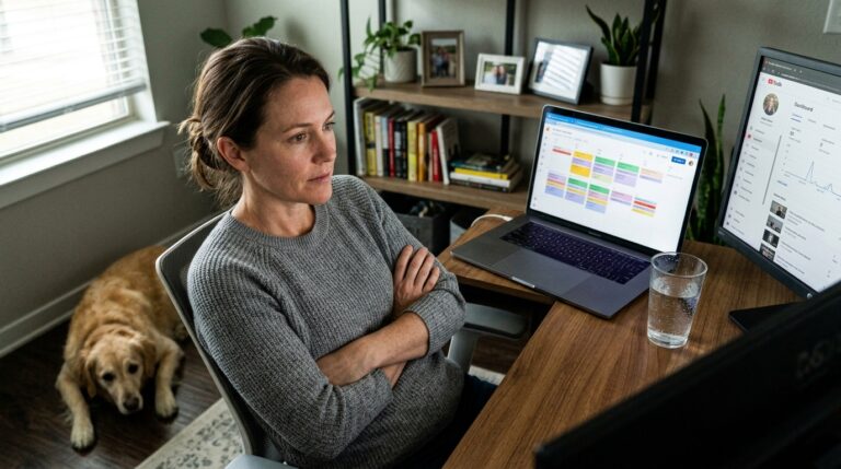 Business owner at a home office desk evaluating a content calendar and YouTube Studio dashboard on dual monitors