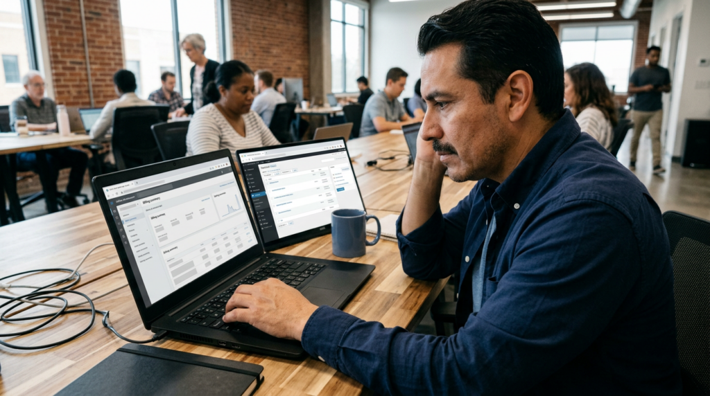 Business owner at a co-working space desk comparing a Quora billing screen and a WordPress dashboard on his laptop