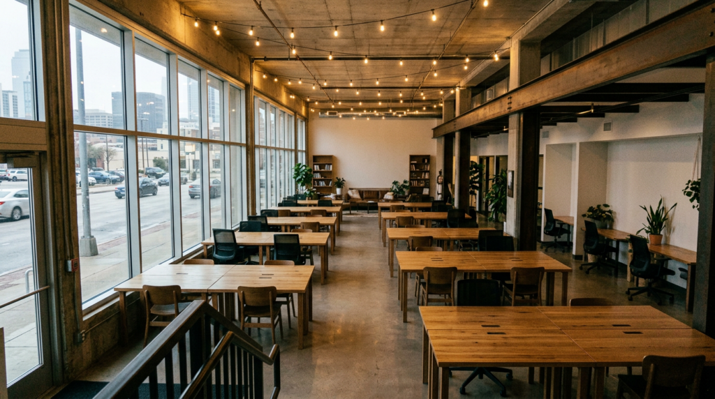 Business owner at a laptop in a Dallas co-working space reviewing WordPress and analytics dashboards with focused attention.