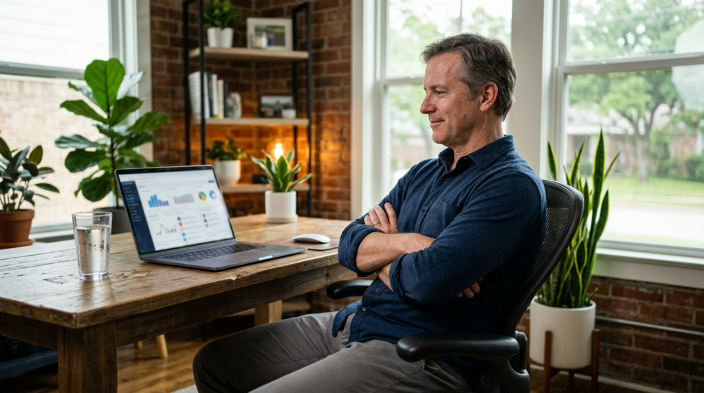 Business owner at a home office desk looking at a laptop dashboard showing published content across multiple channels, arms crossed, calm expression.