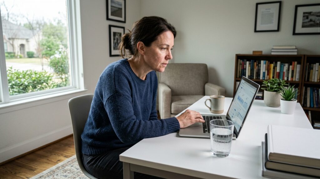 Business owner focused on a laptop showing a content analytics dashboard in a modern home office with natural light
