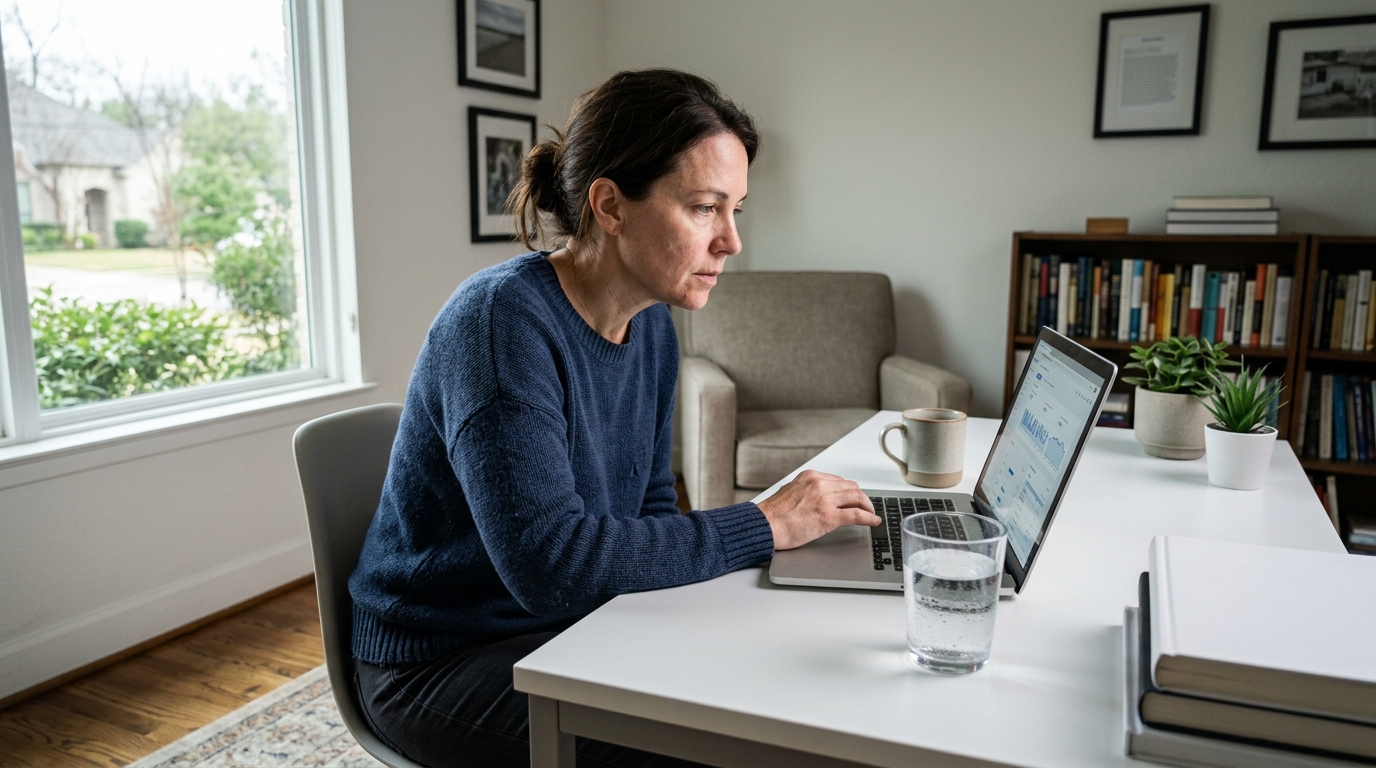 Business owner focused on a laptop showing a content analytics dashboard in a modern home office with natural light