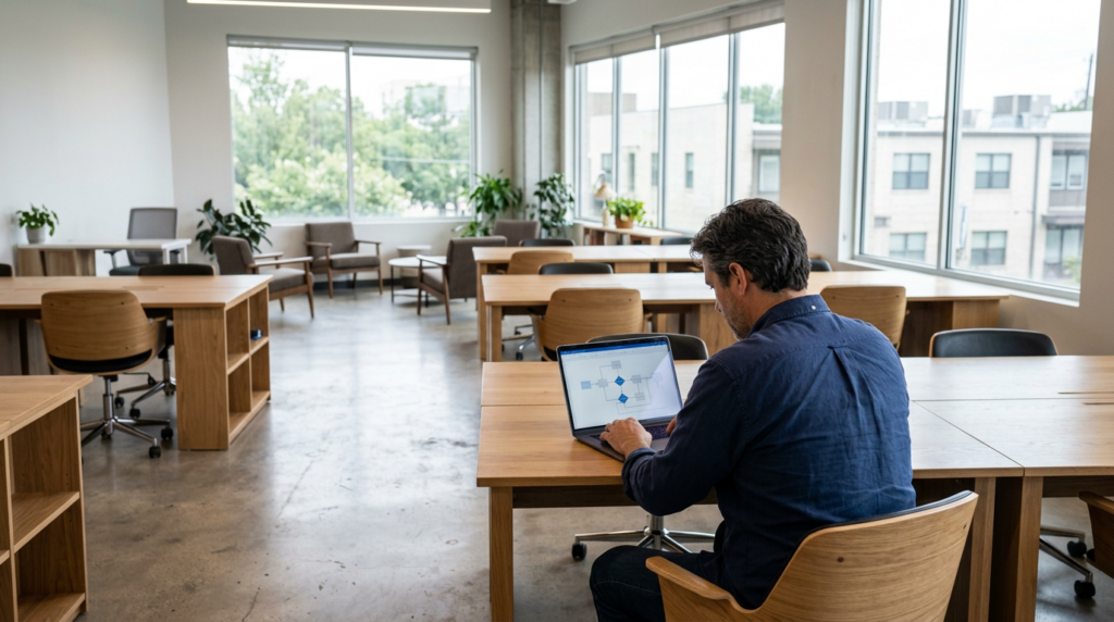 Business owner in a Dallas co-working space studying a workflow diagram on a laptop screen, evaluating the setup sequence for a content system