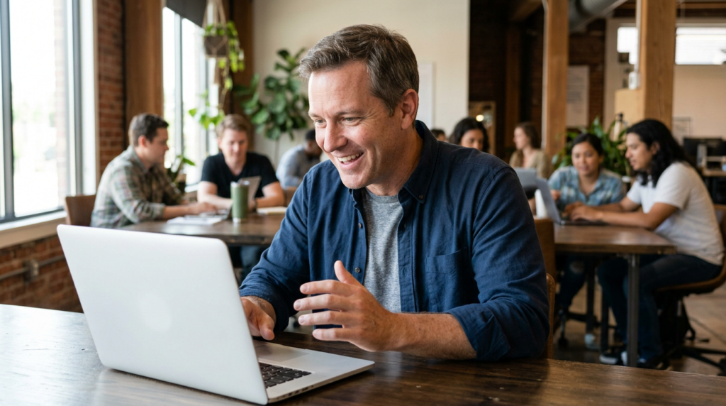 Business owner leaning toward a laptop screen in a Dallas co-working space, reacting to an AI search result showing their business name.