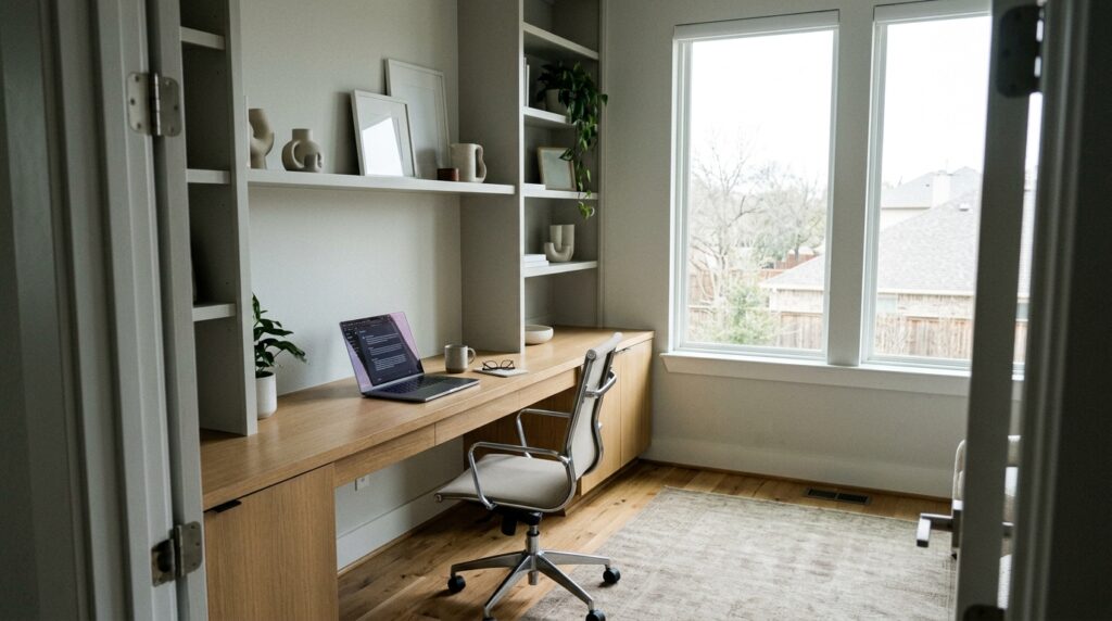 Business owner at a laptop in a home office studying an AI-generated search answer to see which business was cited in the response.