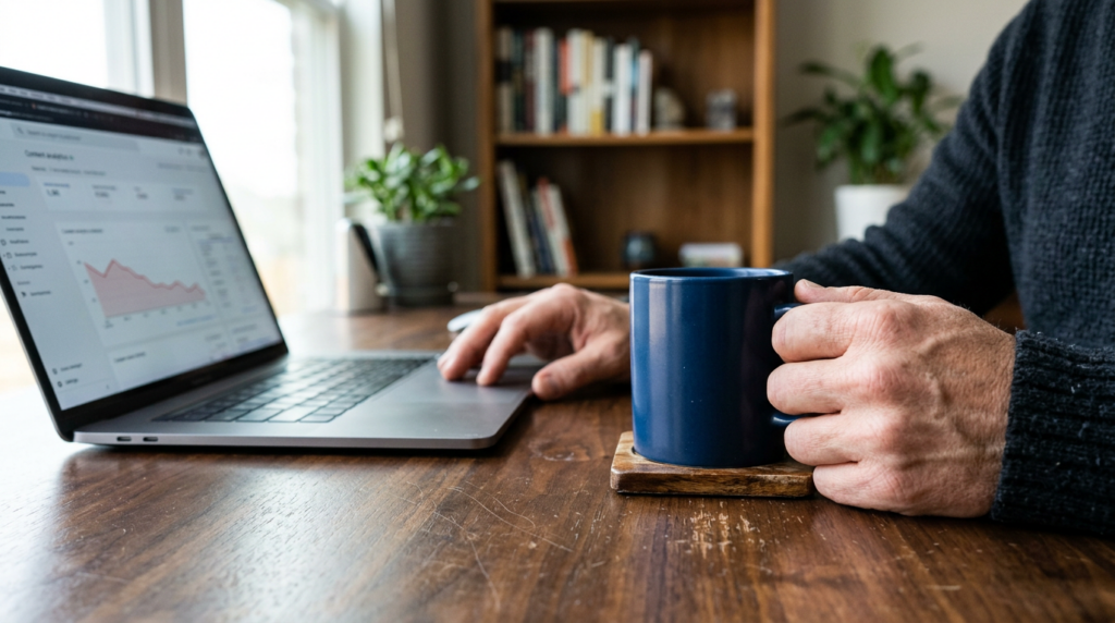 Business owner in his 50s leaning toward a laptop showing a content analytics dashboard with a declining graph in a home office